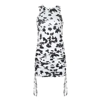 

Women's Bodycon Mini Dress, Sexy Sleeveless Drawstring Ruched Cow Print Tank Dress