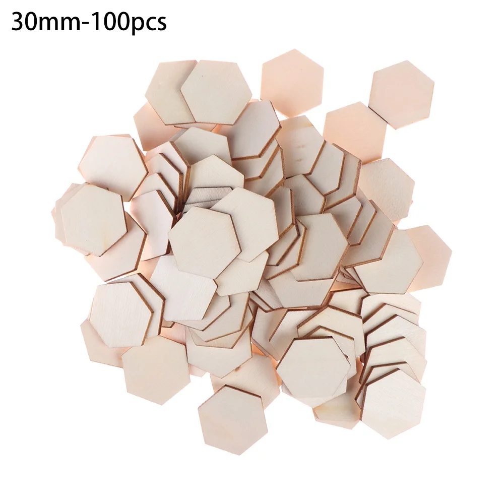 30mm-100pcs 50/100 шт. Новая мода шестиугольная Форма Дерево DIY лазерная резка украшение крафт Свадебный декор украшения деревянные поделки декор - Цвет: 30mm-100pcs