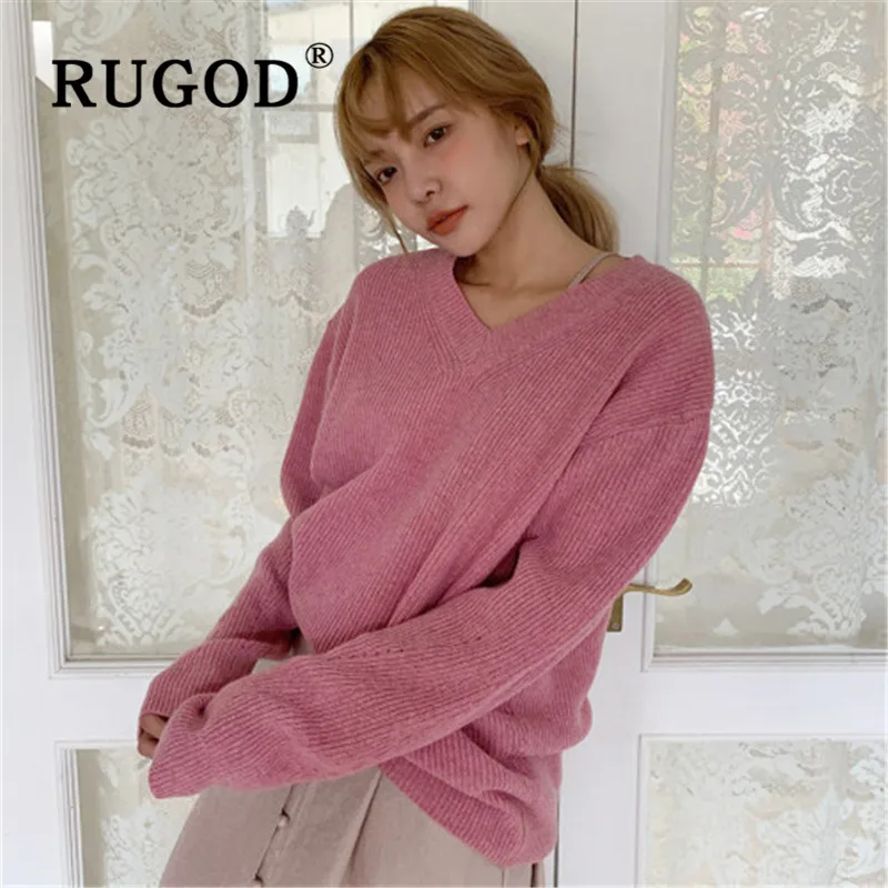 RUGOD/Новинка 2019 года зимний Однотонный свитер пуловер для женщин с v-образным