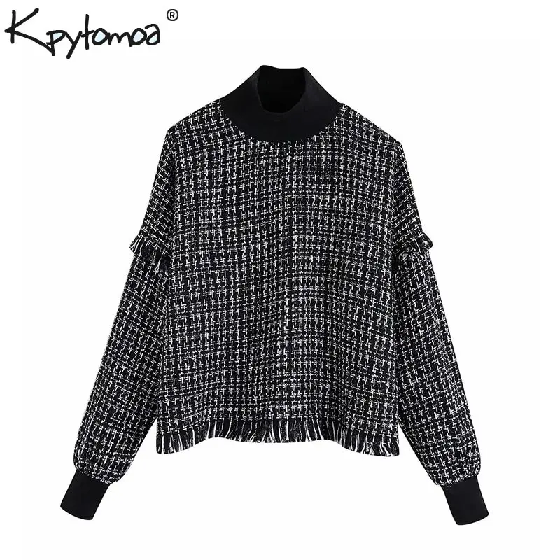  Vintage Stylish Frayed Tassel Plaid Tweed Sweatshirts Women 2020 Fashion Stand Collar Long Sleeve L