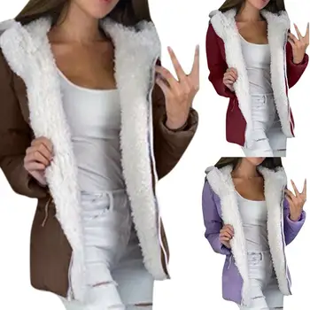 

Women Lady Winter Casual Solid Color Pockets Zip up Hooded Jacket Thick Warmer Loose Coat