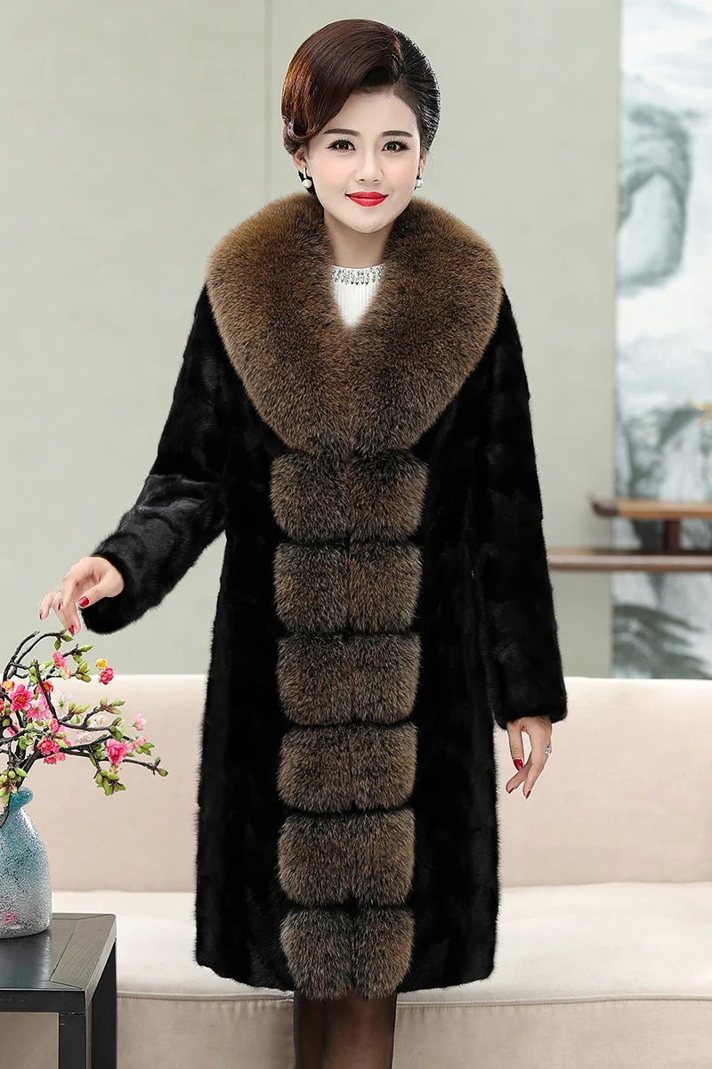 GOURS зимнее женское пальто из натурального меха, кожаная куртка, черная одежда, длинная шуба из натуральной норки, воротник из лисьего меха, теплая, плюс размер, новинка PG7831