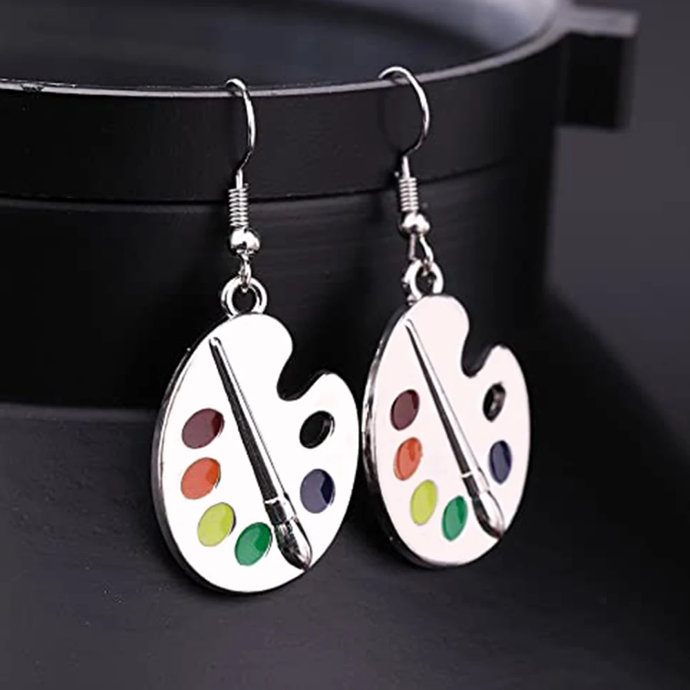 Drop Earrings Dangle Earrings Long Earrings Dome Teardrop Earrings Palette Shape Women Earring Brushes and Five-color Paints Personality Girl Earring Unique Gift for Painter