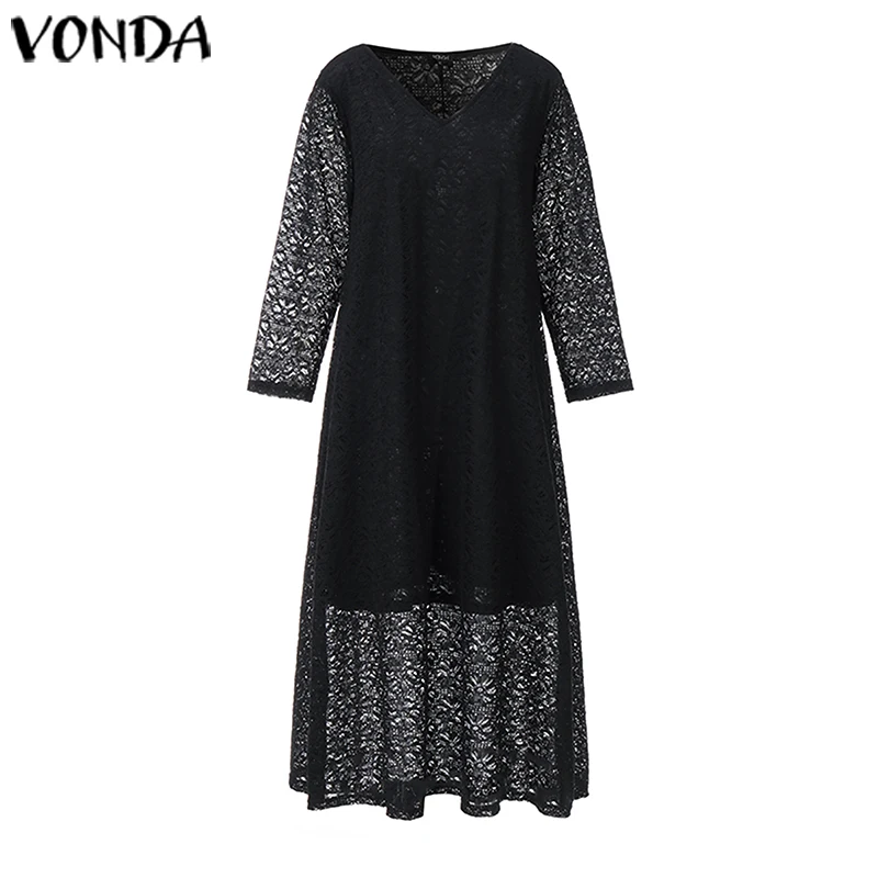 VONDA Womens Sexy Dress Casual Long Sleeve Crochet Hollow Out Loose Long Maxi Dresses Party Maternity Vestidos Beach Sundress