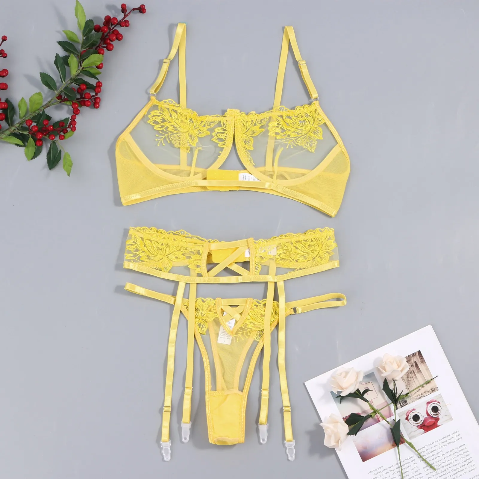 Sexy Lingerie Set Women Floral Embroidery Bra G String Garter Belt Suit