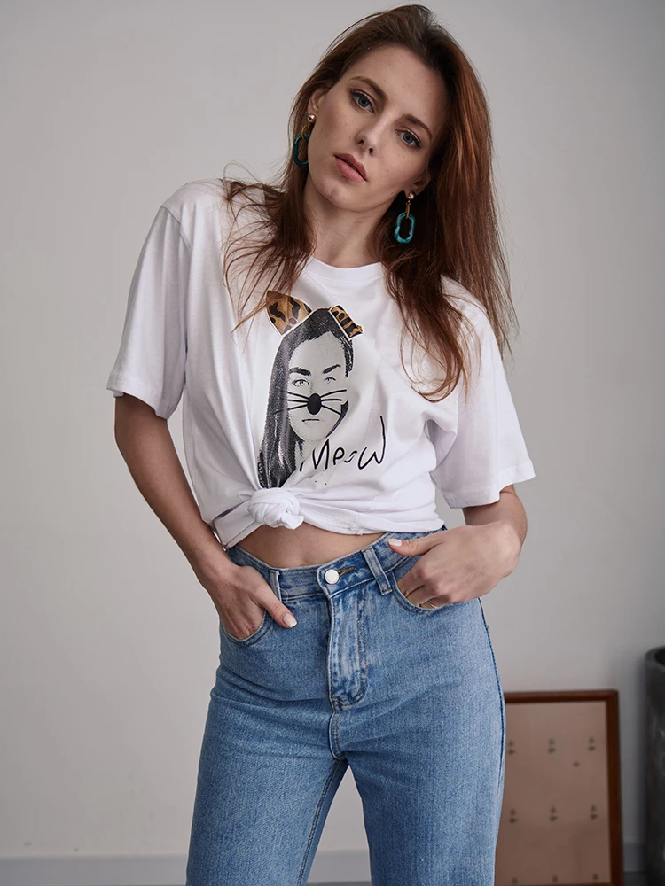 

Girl Cat Printed T-shirt Summer Casual Short Sleeve Slim Fit Soft Tshirt Simple Female Top Tee Korean Style Mujer Verano