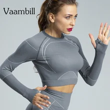 Женская бесшовная футболка для тренировок, топы для женщин, Спортивная футболка для фитнеса, Спортивная футболка для йоги, тренажерного зала, короткий топ с длинным рукавом, женская спортивная одежда