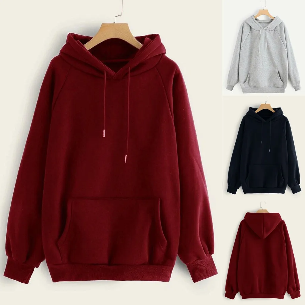 Sweat Women Solid Color Hoodies New Gray Red Blue Fleece Style Pullovers Autumn Winter Fitness Sweatshirt Hooded S-xxl 2020 | Женская