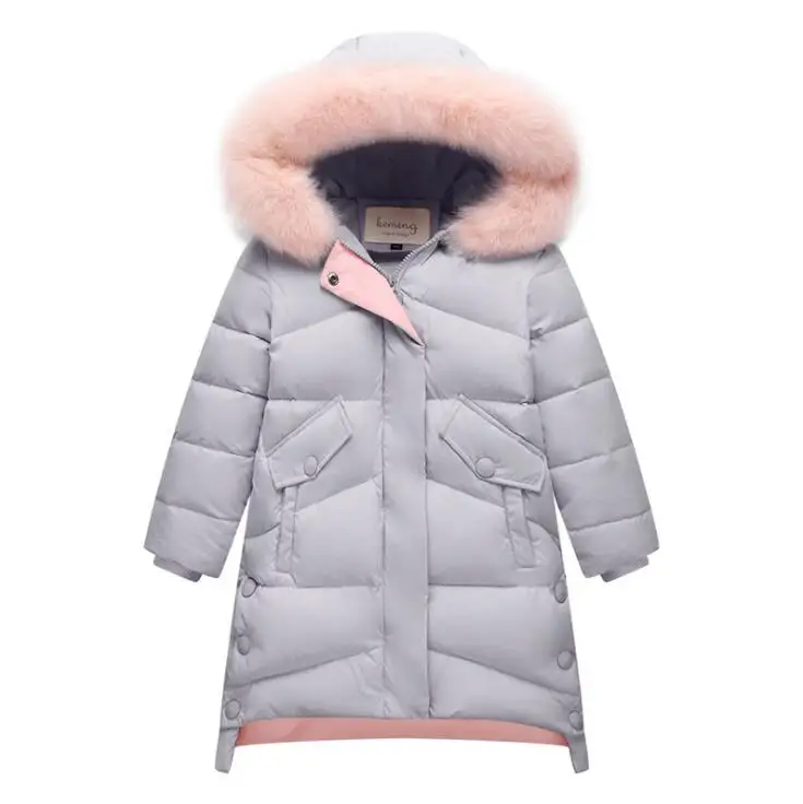 Зимняя Детская куртка на утином пуху до-30 градусов теплое пальто с капюшоном для девочек длинная пуховая парка куртки с отделкой из натурального меха От 5 до 14 лет - Цвет: Grey
