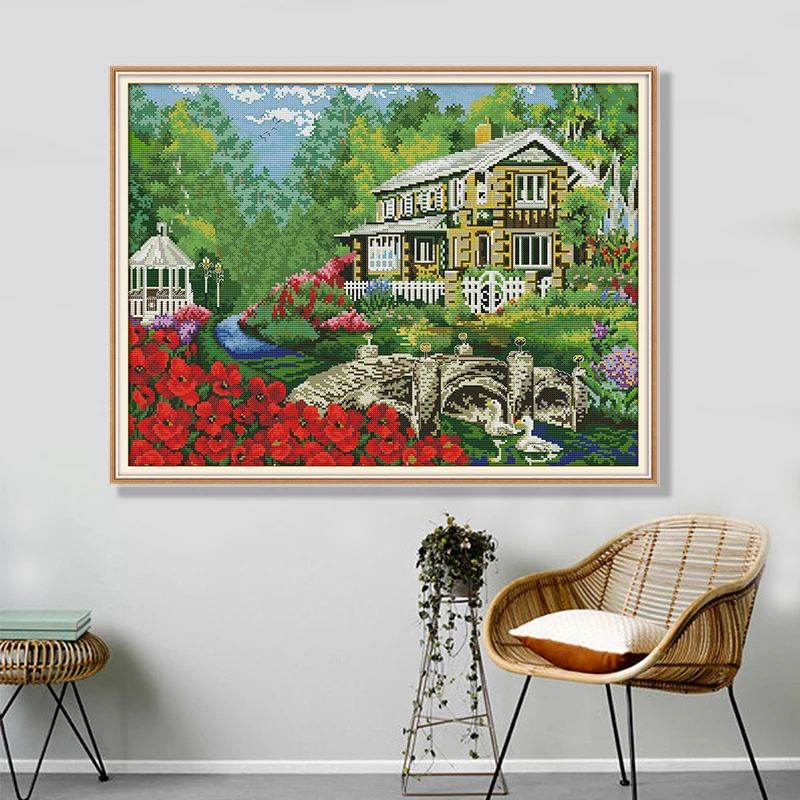 

Forest Villa Cross Stitch Embroidery Kit Natural Landscape Embroidery Full Set White Canvas Flower DIY Home Decoration 14CT 11CT