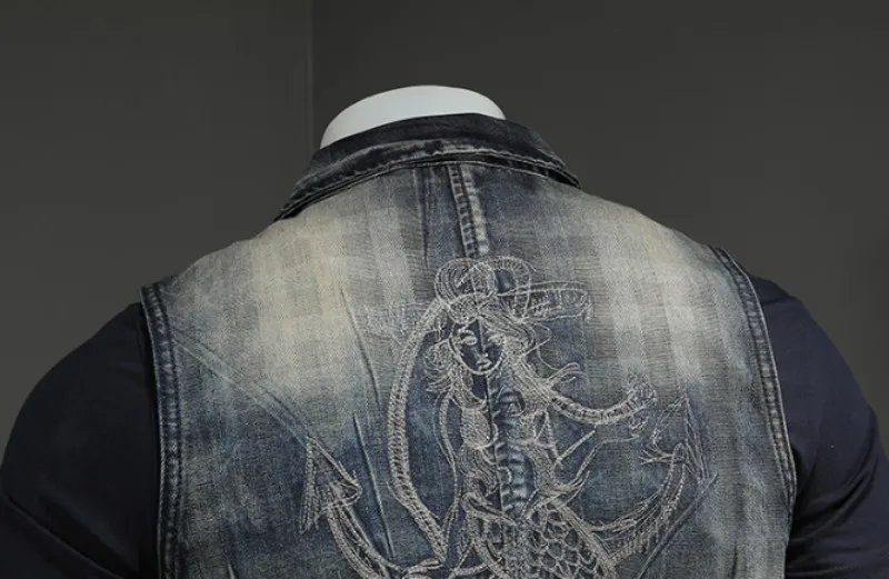 Винтажный джинсовый пиджак, Мужской однобортный джинсовый жилет, джинсовый жилет, английский стиль, брендовая ковбойская куртка без рукавов с вышивкой, 3XL