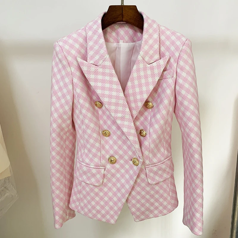 

HIGH QUALITY Newest 2023 Designer Jacket Women's Slim Fit Lion Buttons Double Breasted Classic Plaid Tweed Blazer