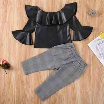 

2PCS Toddler Baby Girl Off Shoulder Clothes Flared Tops+ Plaid Pants Outfits Set