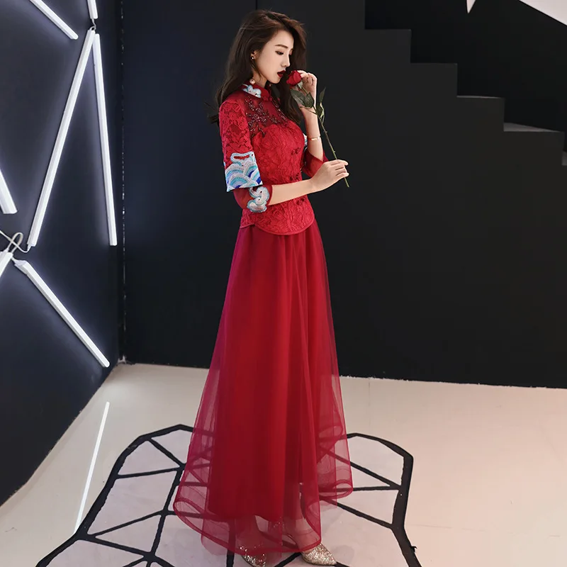 Chinese Style Bride Wine Marriage Dress for Toast New Style Banquet Annual General Meeting Host Cheongsam Style Evening Dre