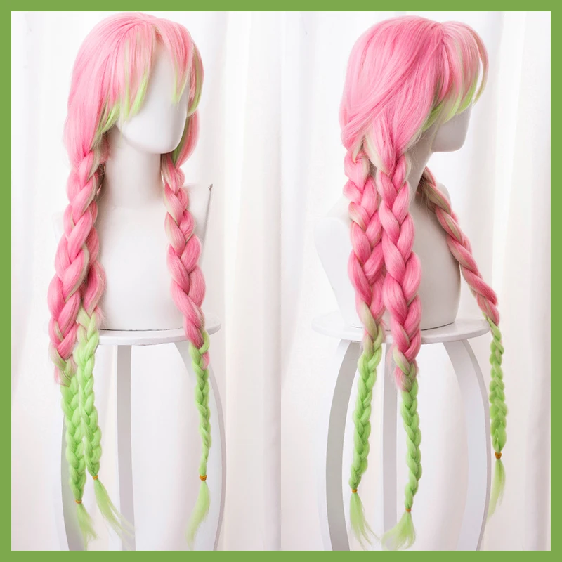 Baratos Blade of Demon Slayer Kanroji Mitsuri Cosplay Kimetsu no Yaiba Cola de Caballo larga gradiente Rosa verde tres trenzas pelo Halloween