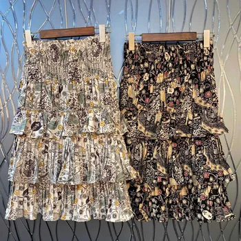 

2020 New Women Tiered Skirts Elastic Waist Flower Printed Spring Summer Elegant Pleated Midi Skirt For Female