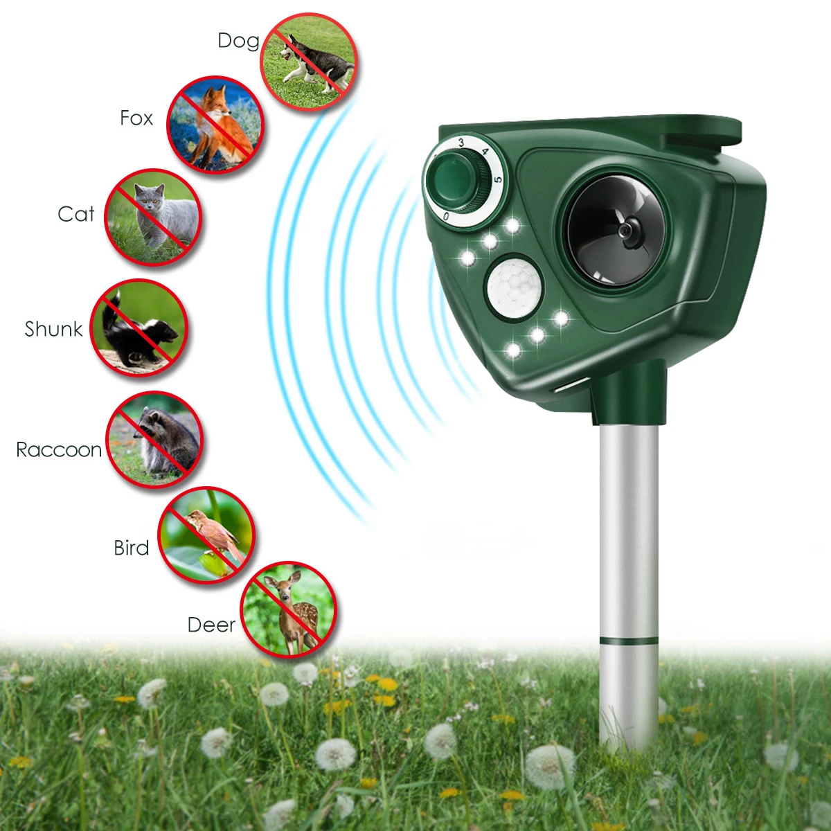 

Outdoor Ultrasonic Solar Animal Pest Repeller Pest Mouse Repeller PIR Sensor Garden Bird Cat Dog Repellents Keep Animals Away