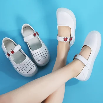

New nurse shoes hollow leather round head soft bottom waterproof platform white wedge female flat shoes mother casual shoes
