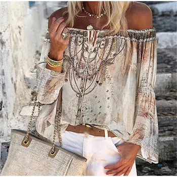 

Women Blouse Chiffon Irregular Slash Shoulder Lady Button Cold Shoulder Geometric Shining Blouses Female Summer Light Streetwear