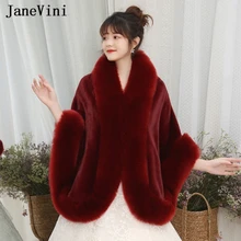 JaneVini elegancka bordowa kurtka ślubna Furry Bridal szal ze sztucznego futra Wrap zima Bolero płaszcz kobiety wieczór Party Stole w magazynie