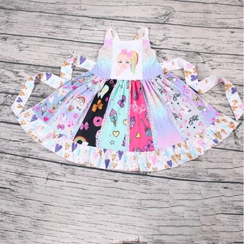 

lovely kid summer daily wear dress cartoon print sleeveless fairy style baby dress twirl patchwork knee length dress with belt