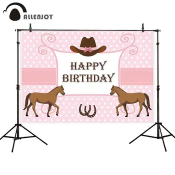 

Allenjoy Happy Birthday Banners Cartoon Horse Hat Dot Pink Girl Photocall Background Cloth Baby Shower Animals Party Suppiles