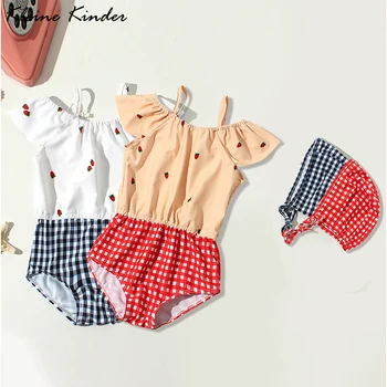 

Baby Girl Swimwear Checkered Plaids Print Off-shoulder Bathing Suit Child One Piece Infant Bikini Children's Swimsuit for Girls