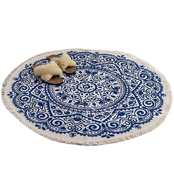 

Morocco Round Carpet Bedroom Boho Style Tassel Cotton Rug Hand Woven National Classic Tapestry Sofa Cushion Tatami Floor Mats-Bl