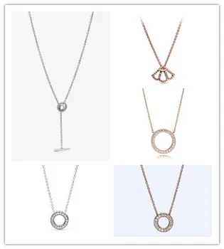 

925 Sterling Silver Pave Circle Logo T-Bar Heart With Crystal Necklace For Women Wedding Party Pandora Jewelry