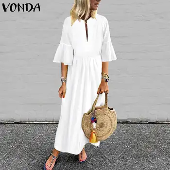 

Maxi Long Dress VONDA Women Beach Sundress Bohemian Vintage Flare Sleeve Party Dress 2020 Summer Vests Casual Robe Plus Size
