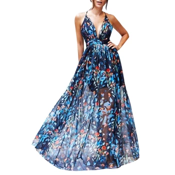 

Elegant Boho Women Summer Dress Sexy V-neck Strap Dress Female Floral Print Dress