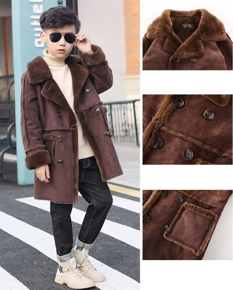 Fashion Autumn Winter Boys Woolen Outwear Coat For 4 6 8 10 12 14 Year Long Children Turn-Down Collar Jackets 3 Colors