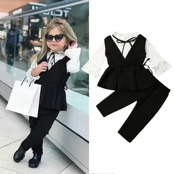 

1-6Y Toddler Baby Girl Clothes Solid Color Flare Long Sleeve Tops Sleeveless Ruffle Vest Long Pants 3Pcs Outfits Clothes