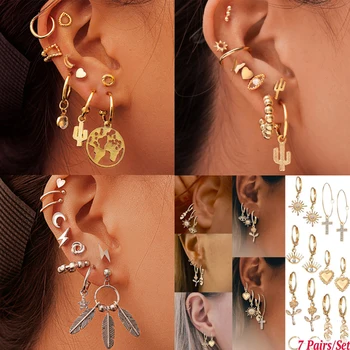

17MILE Bijoux Feather Star Gold Dangle Earrings For Women Boho Eyes Moon Map Drop Earring Set 2020 Vintage Female Jewelry