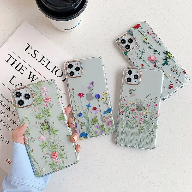 Transparent Flower Phone Case For Iphone 12 11 Pro Max XR XS Max X 7 8 Plus SE 2020 Electroplated Floral Leaves Soft Back Cover