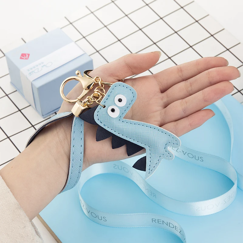 Cartoon Dinosaur Keychain PU Leather Cotton Fillled Blue Pink Brown Grey Pendant Car Personality Lady Keyring Bag Lanyard Gift 3
