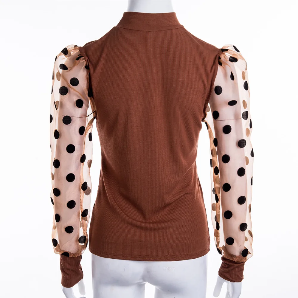 Женские элегантные трикотажные блузки, сетчатые пышные рубашки в горошек с длинным рукавом, женские топы с высоким воротом, весенне-осенняя блуза, уличная одежда, S-XL