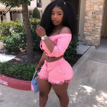 

Joskaa solid Ultra-Stretch Fabric tassel slash neck off Shoulder blouses biker shorts Bib Overall rompers female Two Piece set