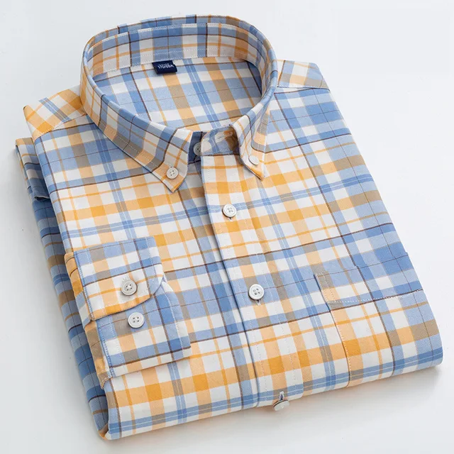 100% Cotton Oxford Plaid Solid Color Striped Shirt Tops Casual Long Sleeve Shirt Slim Fit Shirt Men Camisa Social Korean Clothes 6 3
