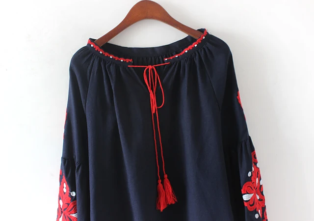 Хлопок Лен Boho вышитые блузки летние с длинным рукавом Женские блузки Белый Синий Черный Повседневная Свободная блузка AF118