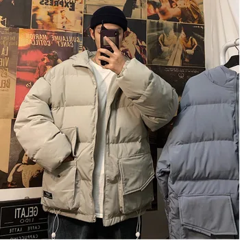 

2019 2 Winter New Couple Tide Big Pocket Hooded Hand Cotton Clothing Fashion Casual Solid Color Thickening Shirt Gray / Khaki