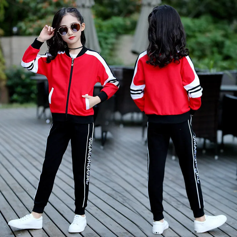 Детские спортивные костюмы для девочек, пальто с капюшоном и надписью, штаны, комплекты одежды из 2 предметов, весенние спортивные костюмы для девочек-подростков 5, 8, 10, 12, 14 лет - Color: Red