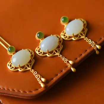 

New S925 Silver Inlaid Natural Hotan White Jade Small Tassel Retro Craft Ruyi Necklace Pendant Niche Design Women Brand Jewelry