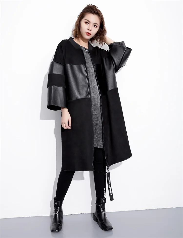 Best  [EAM] Loose Fit Black Pu Leather Spliced Big Size Jacket New Stand Collar Long Sleeve Women Coat Fa
