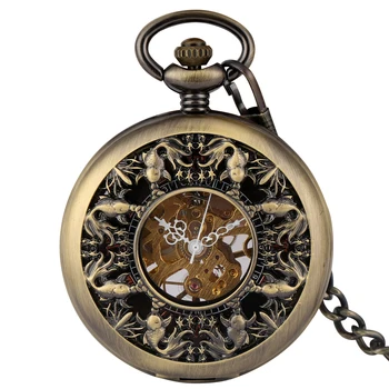 

Bronze Hollow Steampunk Mechanical Pocket Watch Pendant Fob Chain Hand-winding Clock Women Men Gift Reloj De Bolsillo