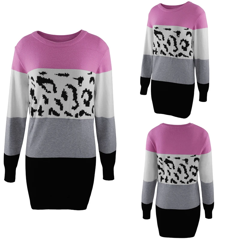 Chifirena Vintage Leopard Patchwork Sweater Dress Women O Neck Long Sleeve Winter Casual Robe Female Elegant Minie Vestidos