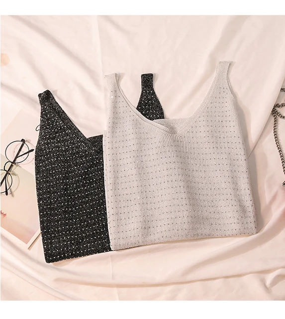 2023 Sexy basic loose camisole Summer shiny Diamond knit Tank top Women  strap camisole female camis High Elasticity top casual - AliExpress