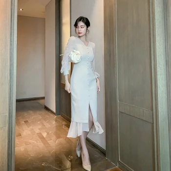 

S-XL Plus Size Sheer Spring Summer Sexy Chiffon Dress Women Long Sleeve Midi Puff Sleeve Dress Ladies Bodycon Wrap Pink Dresses