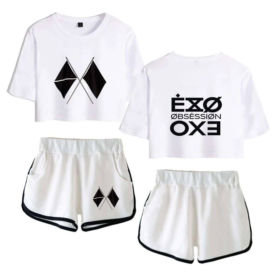 KPOP EXO, альбом, шестый альбом OBSESSION WE ARE ONE EXO, Женский комплект из двух предметов с принтом, шорты+ Милая футболка, горячая Распродажа одежды