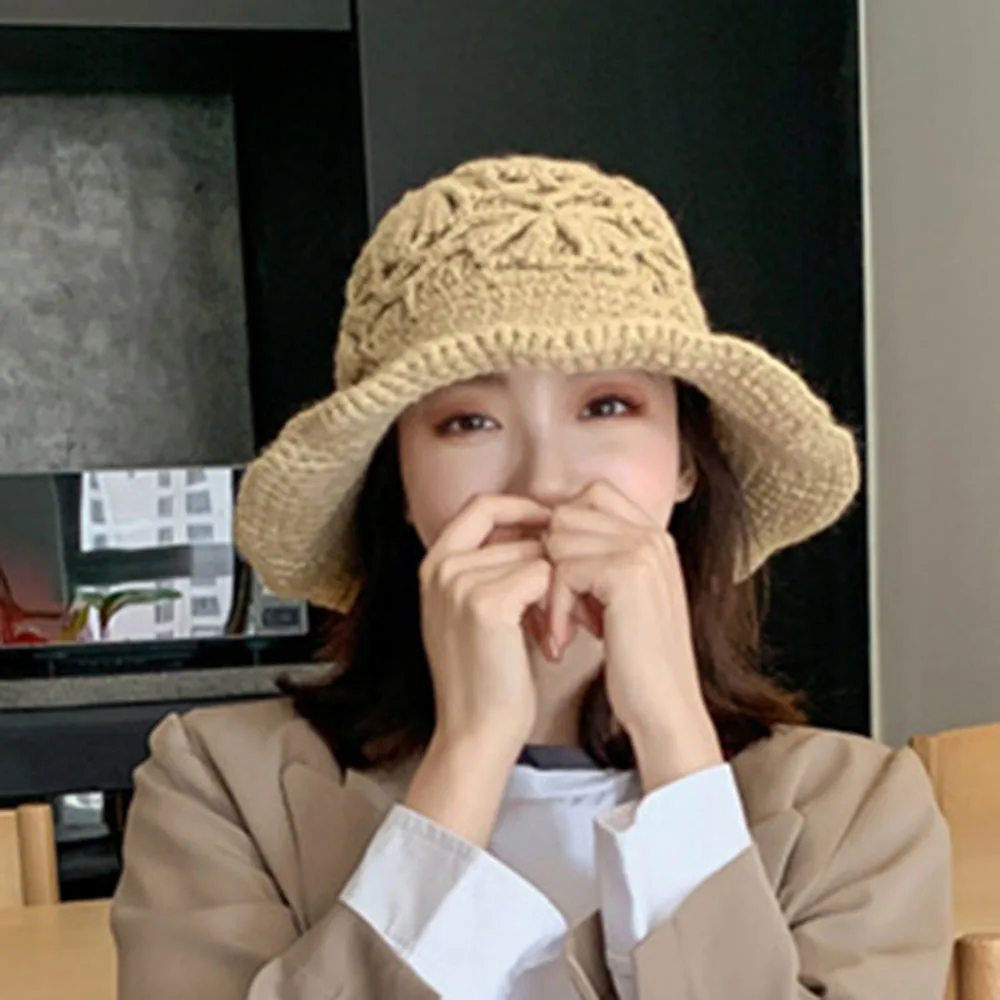 Hat Female Hand-knitted Warm Knit Bucket Hat Autumn New Japanese two-sided wearing Flowers Hollow Sweater Hat Outdoor